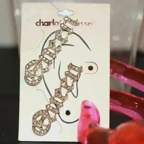 New Charlotte Russse 2" Long Queen Earrings in Gold Tone with Rhinestones - Picture 1 of 2